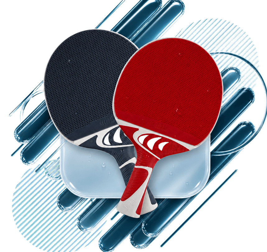 Red and blue Tiger Aqua outdoor PingPong paddles.